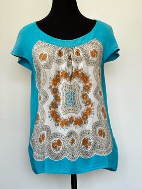 Moulinette Soeurs Silk Blouse | Turquoise Floral Print | Size S